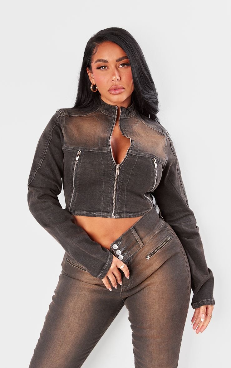 Veste En Jean Délavé Marron Ajustée Et Courte Shape
