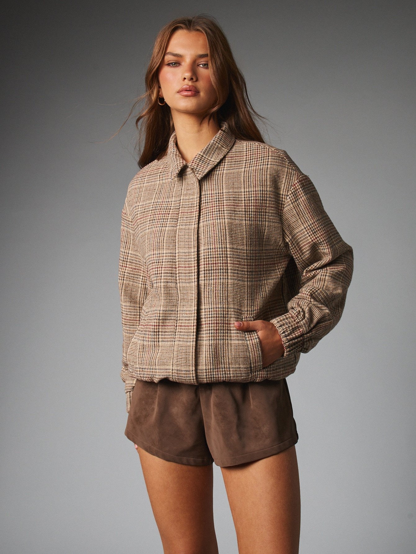 Oversized check bomber jacket with ribbed hem