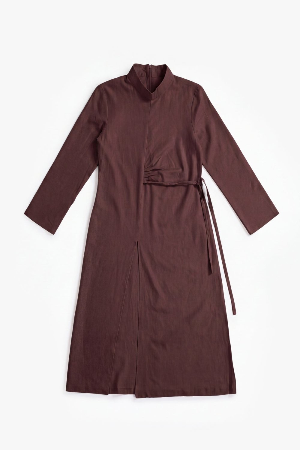 Robe longue fendue en lin et coton - Chocolat