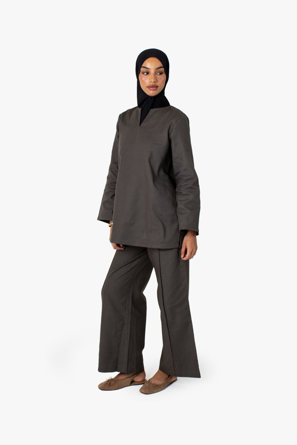 Pantalon large en coton à pli marqué - Taupe foncé