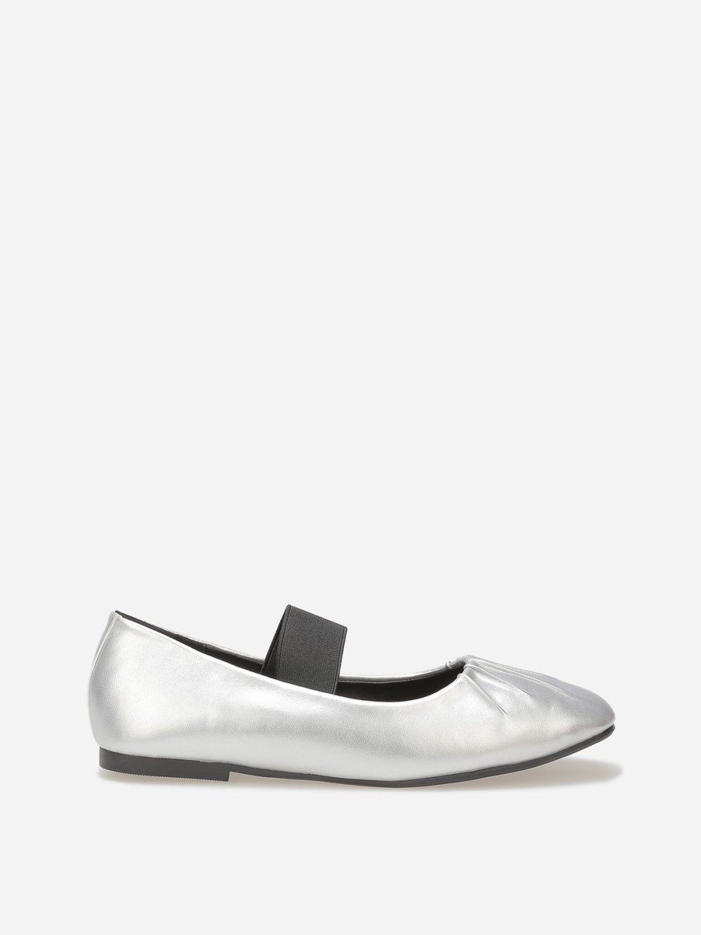 Silver ruched ballet flats with elastic strap