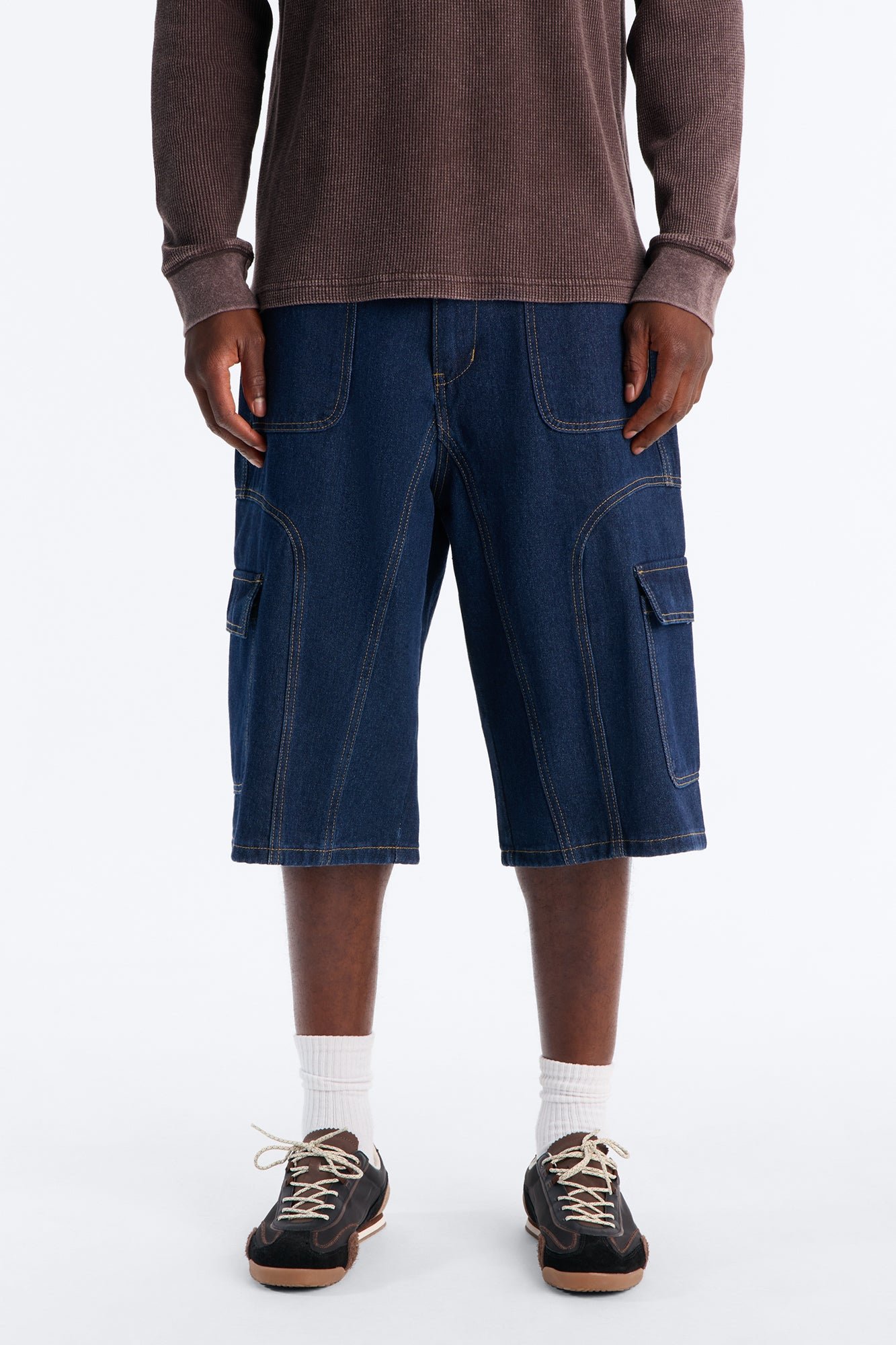 Cargo baggy paneled denim shorts