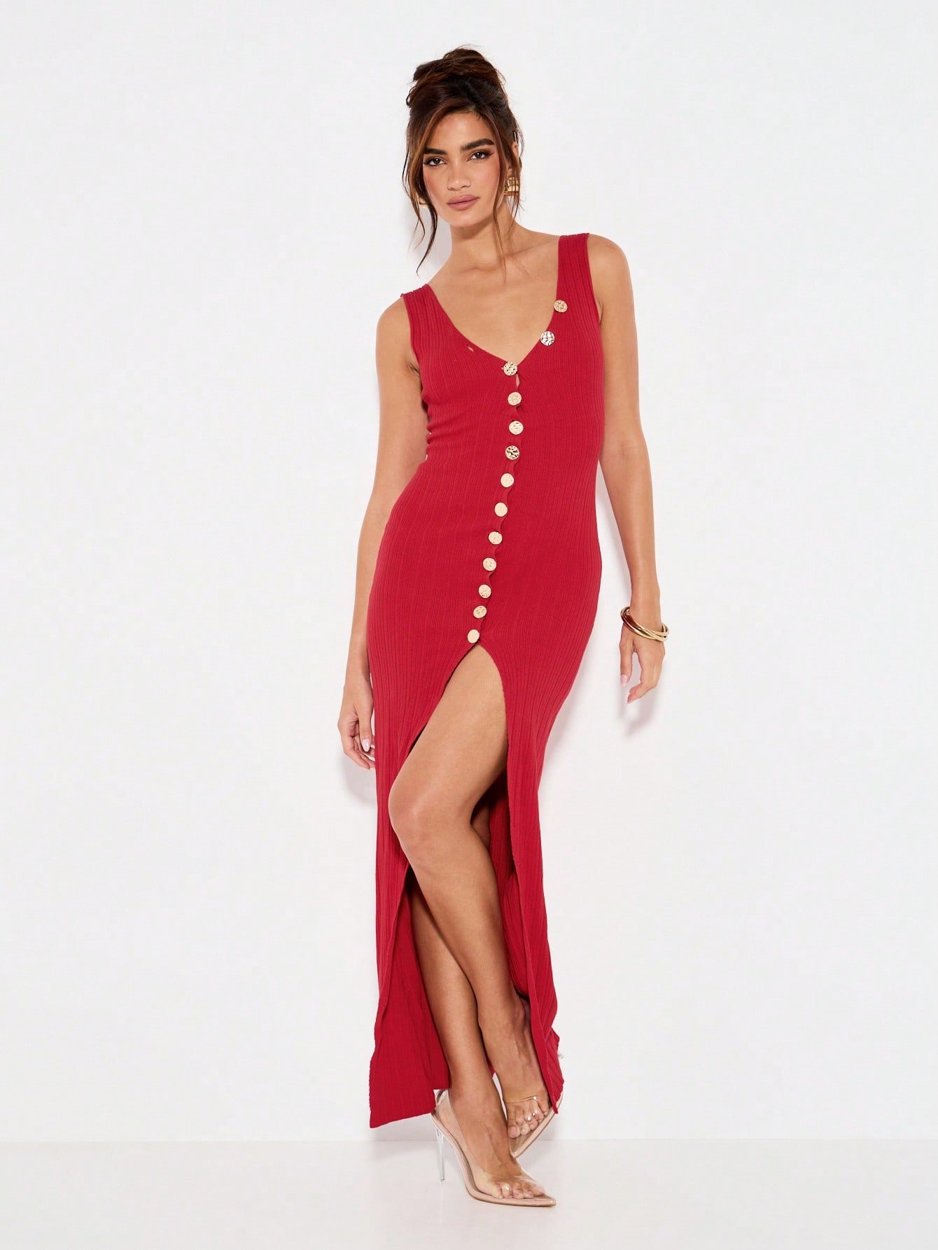 T cardigan maxi à côtes tricotées avec boutons