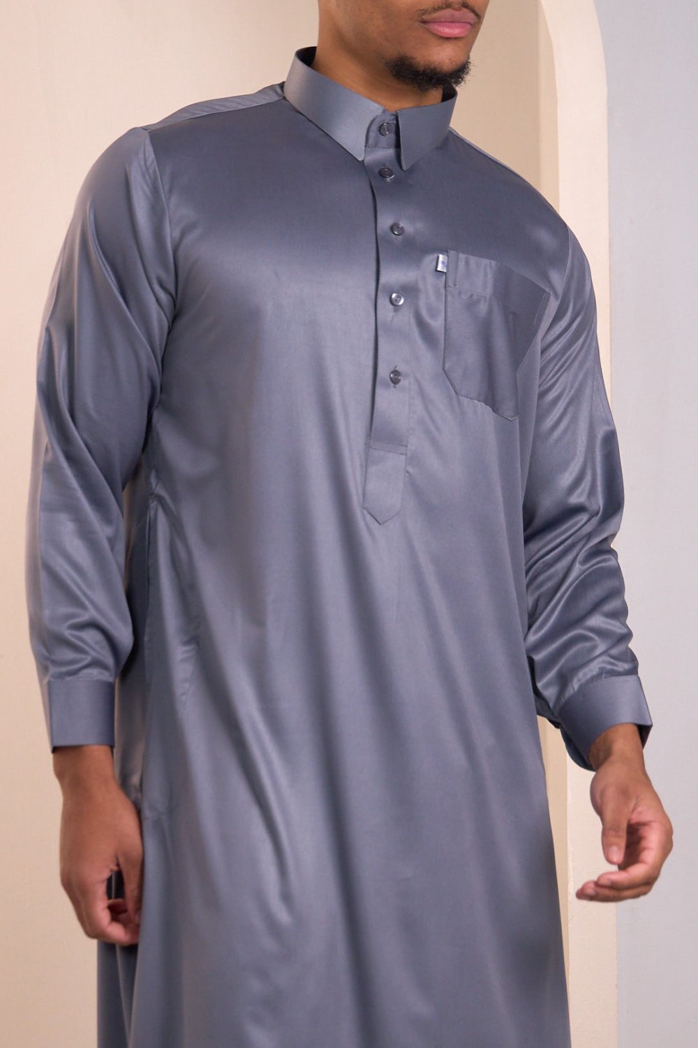 Qamis satiné col officier gris ghame9