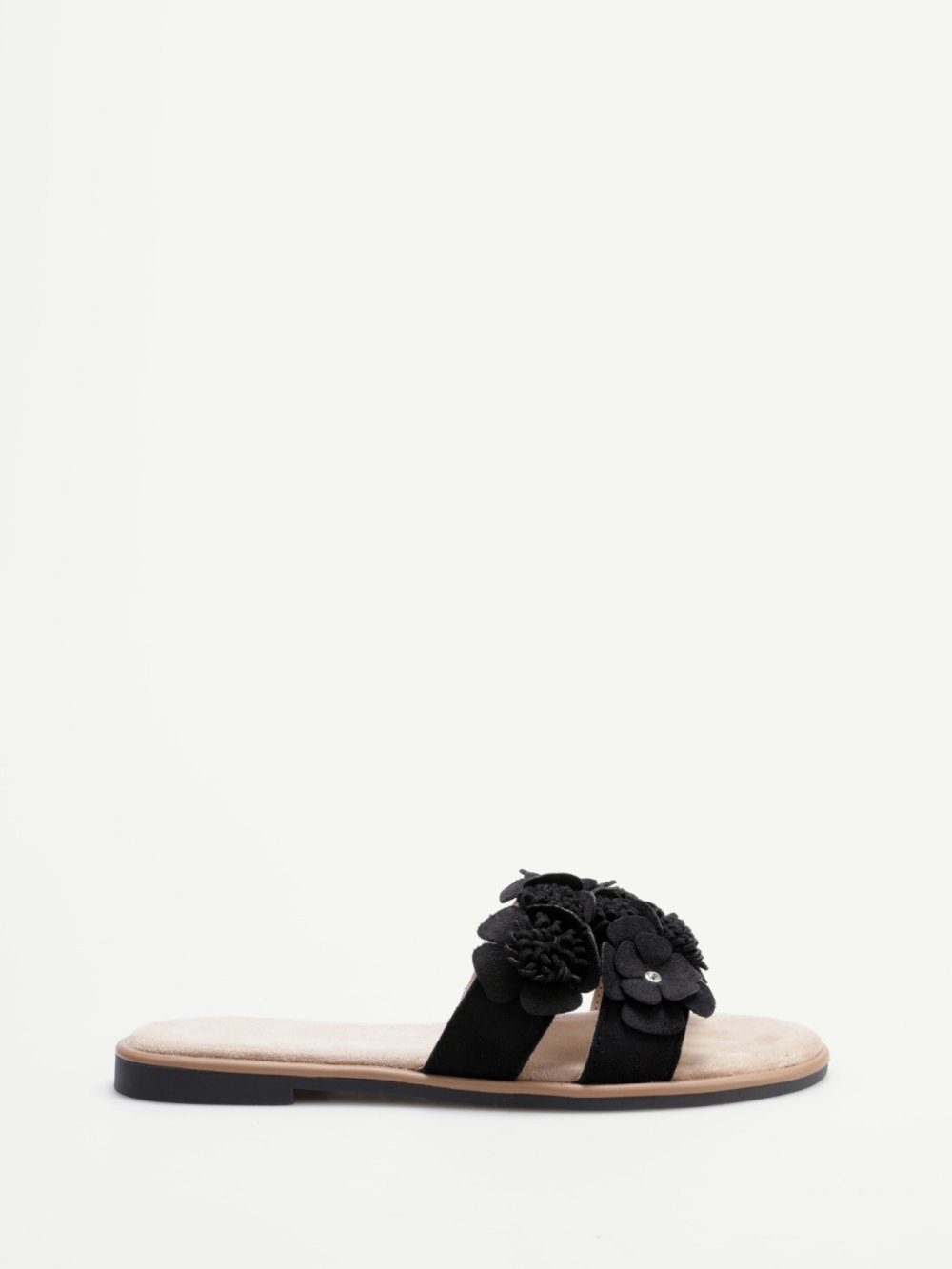 Black faux suede mules with flowers and rhinestones