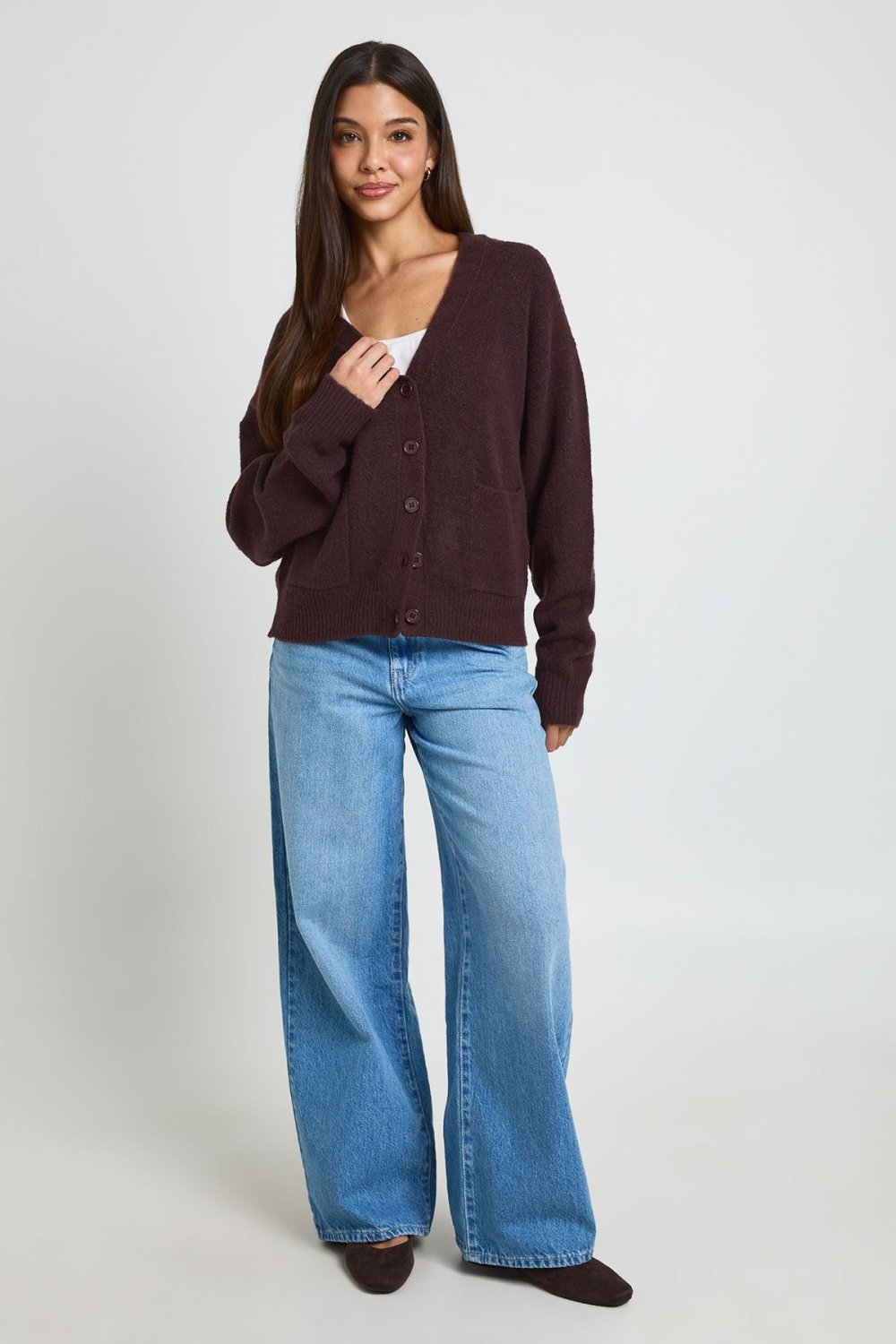 Cardigan col V b jyab, chocolat