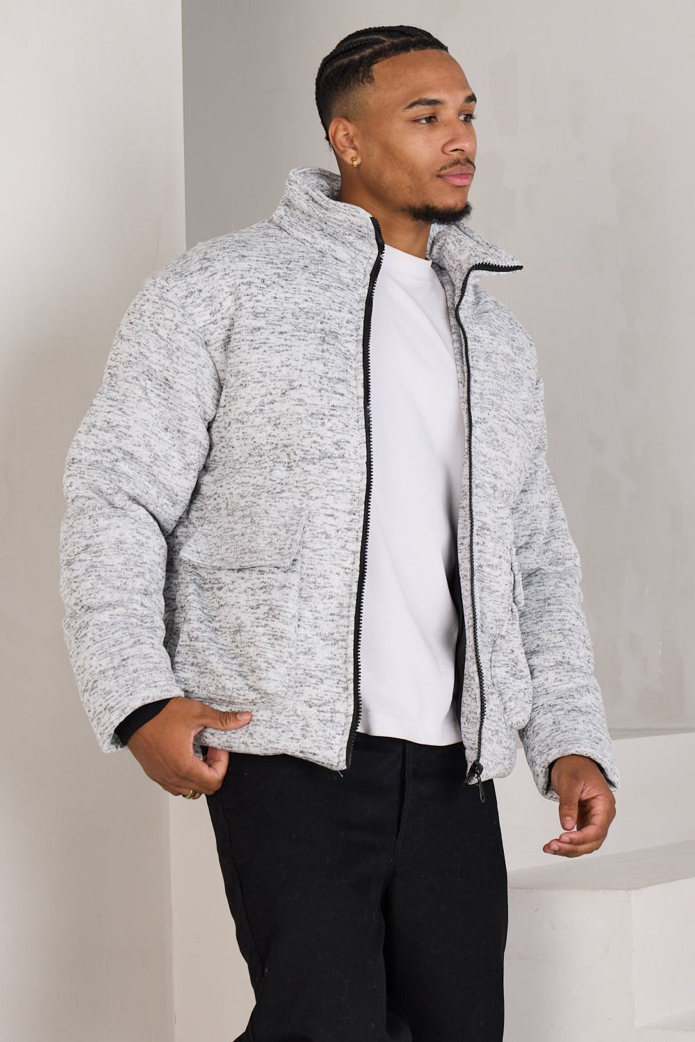 Grey marl puffer jacket with high collar