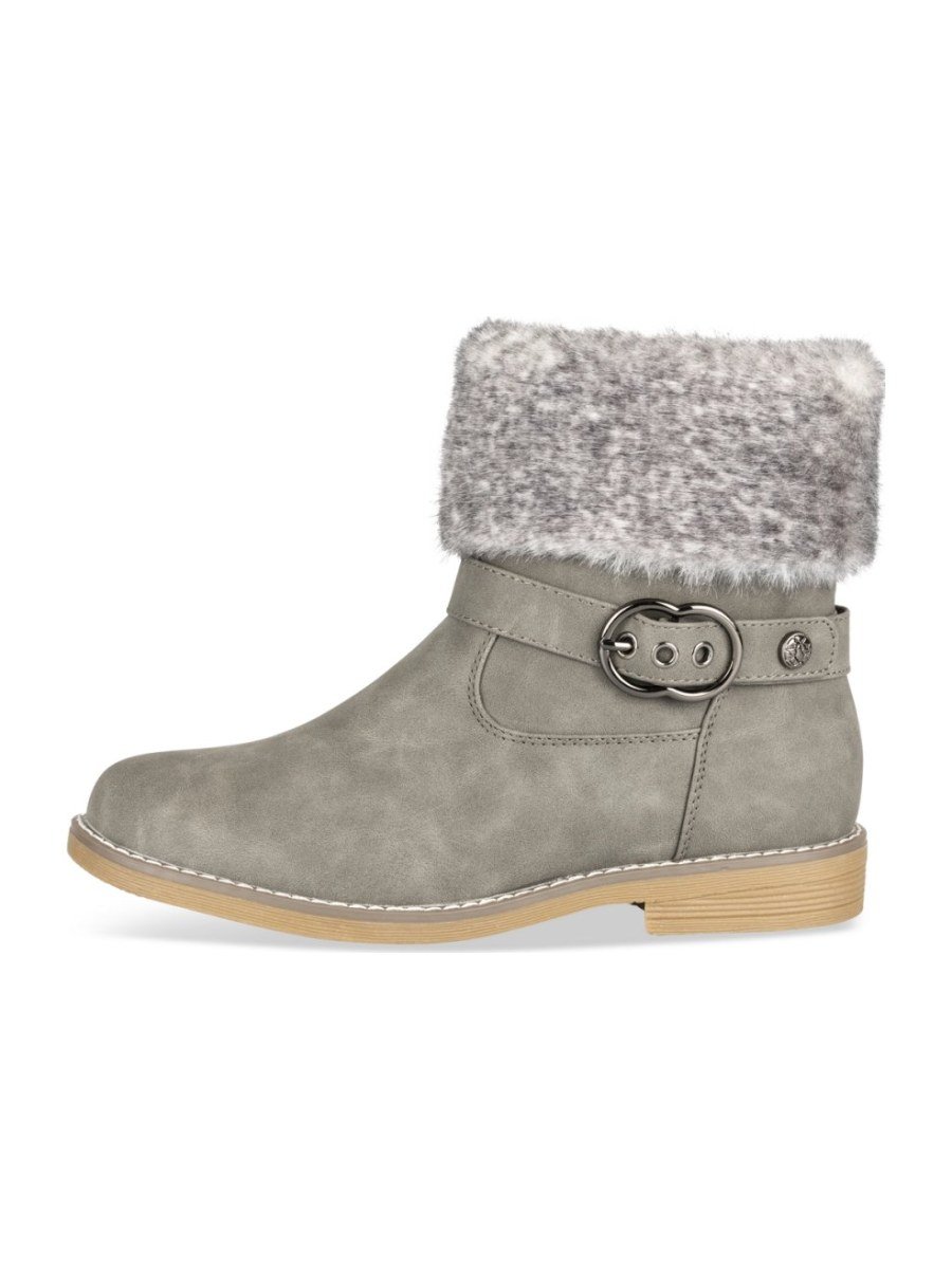 Grey faux fur cuff boots with buckle