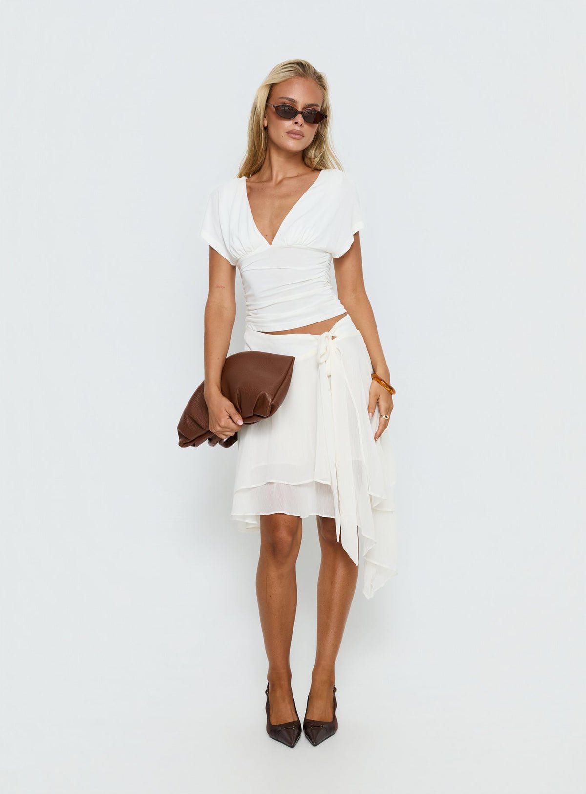 Tie-waist sheer chiffon midi skirt