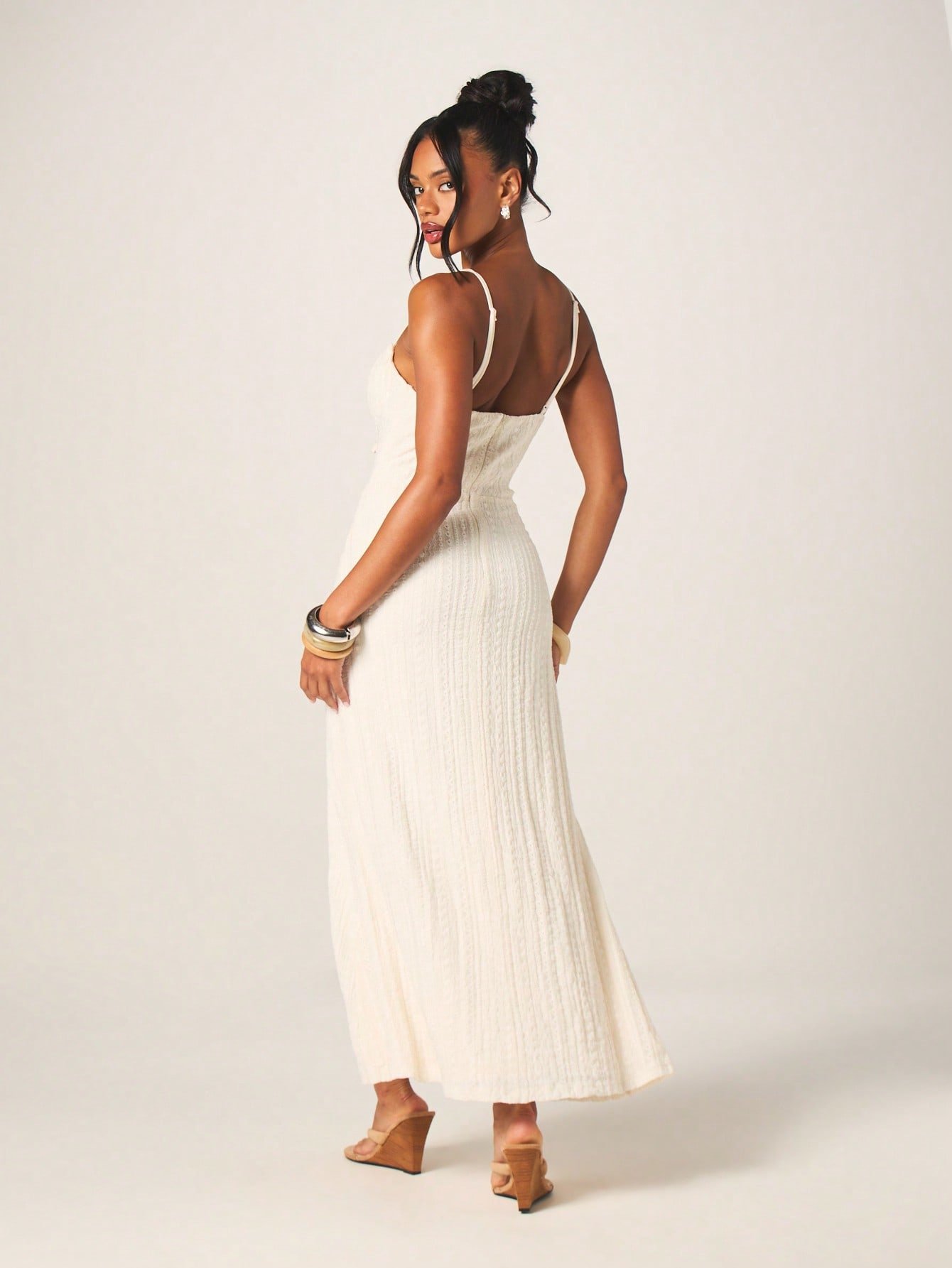White ruched bust maxi dress with front split