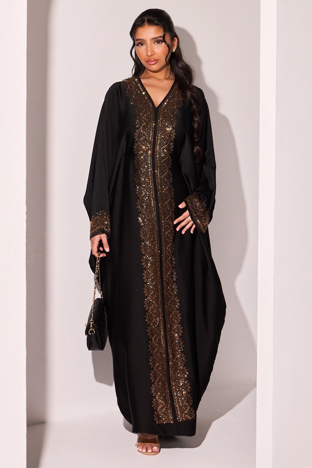 Abaya noire à strass dorés rectangulaires