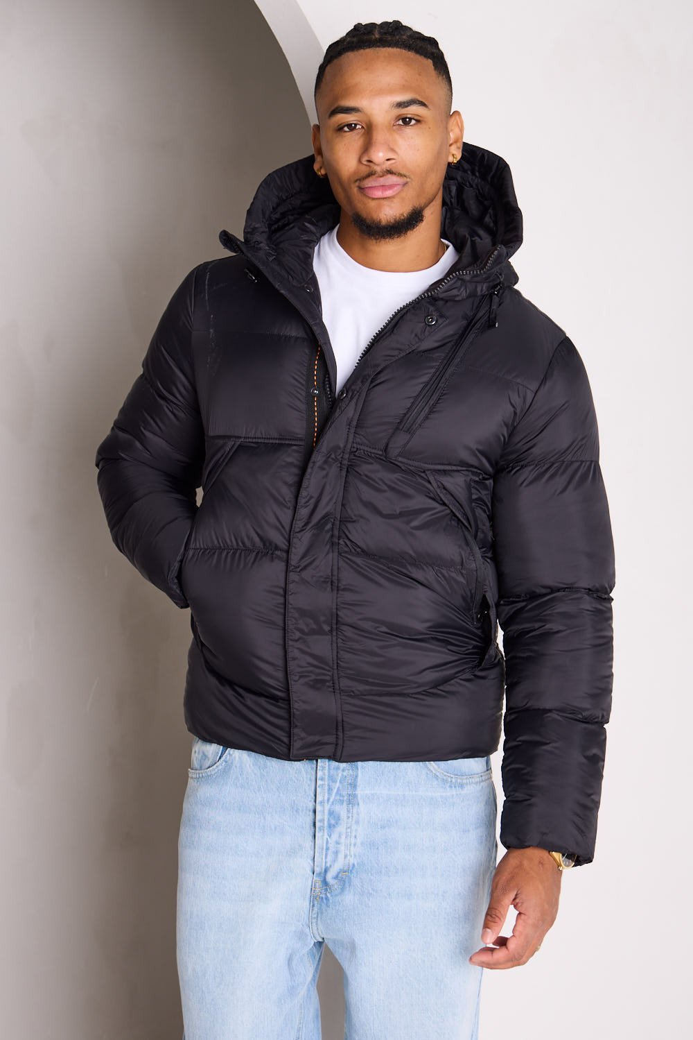 Black quilted hooded puffer jacket