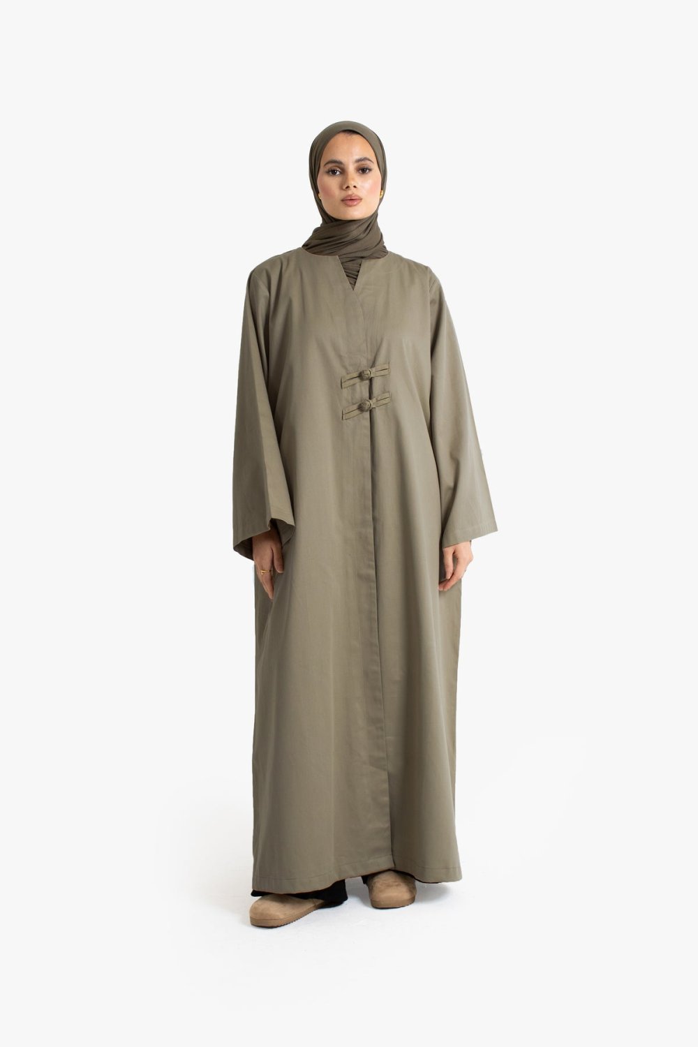 Abaya m7loula b l3a9ad, coton - Khder kaki
