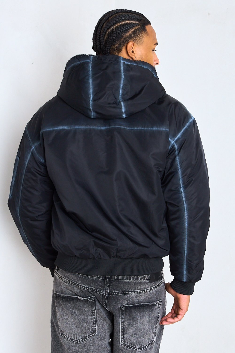 Black reversible hooded bomber with faux fur lining