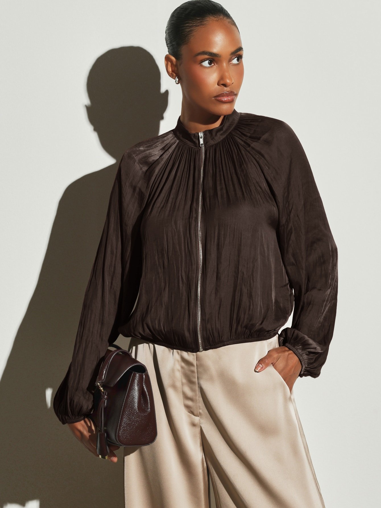 Veste Bomber En Satin Avec Encolure Froncée