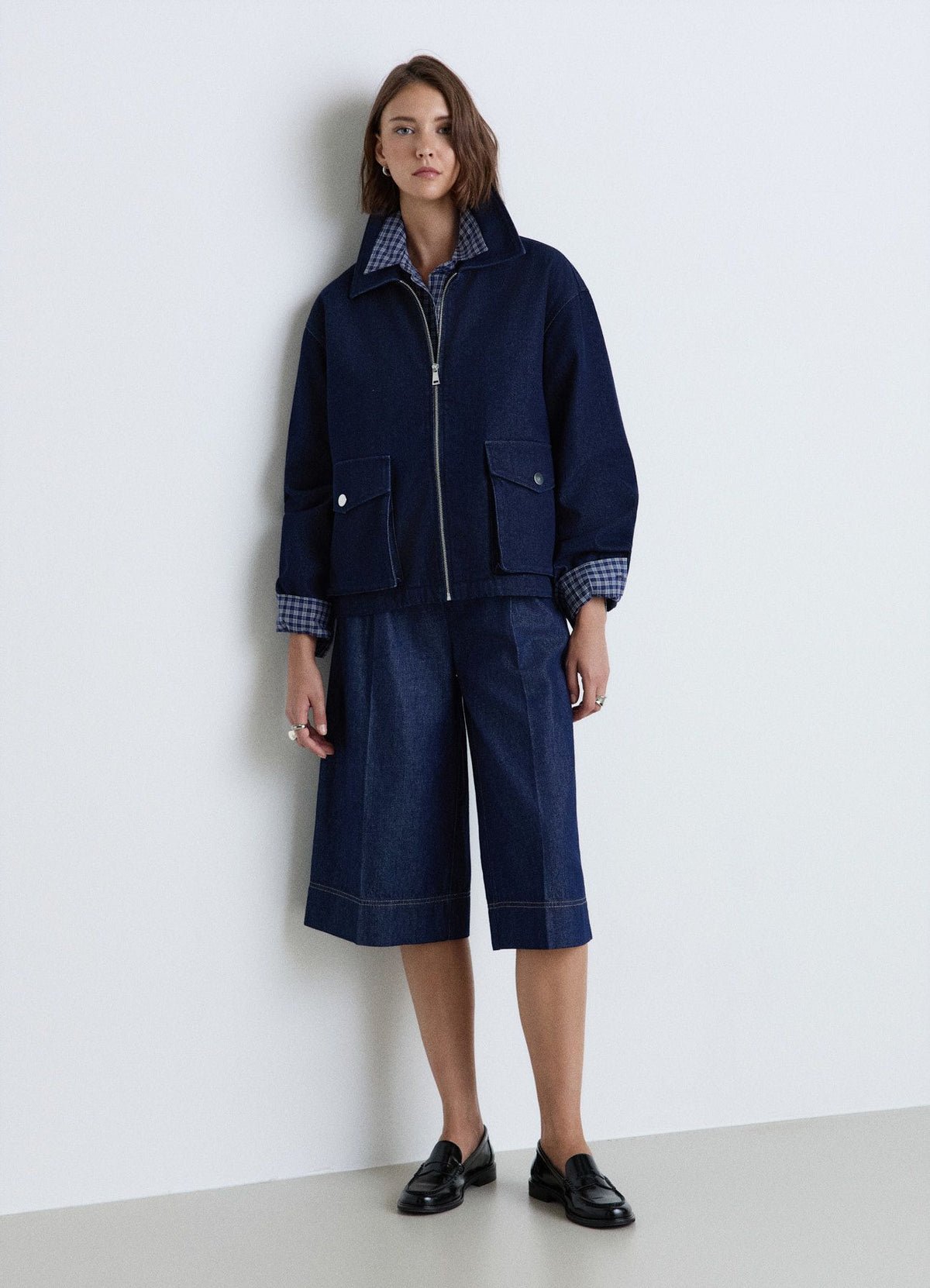 Denim zip bomber with flap pockets