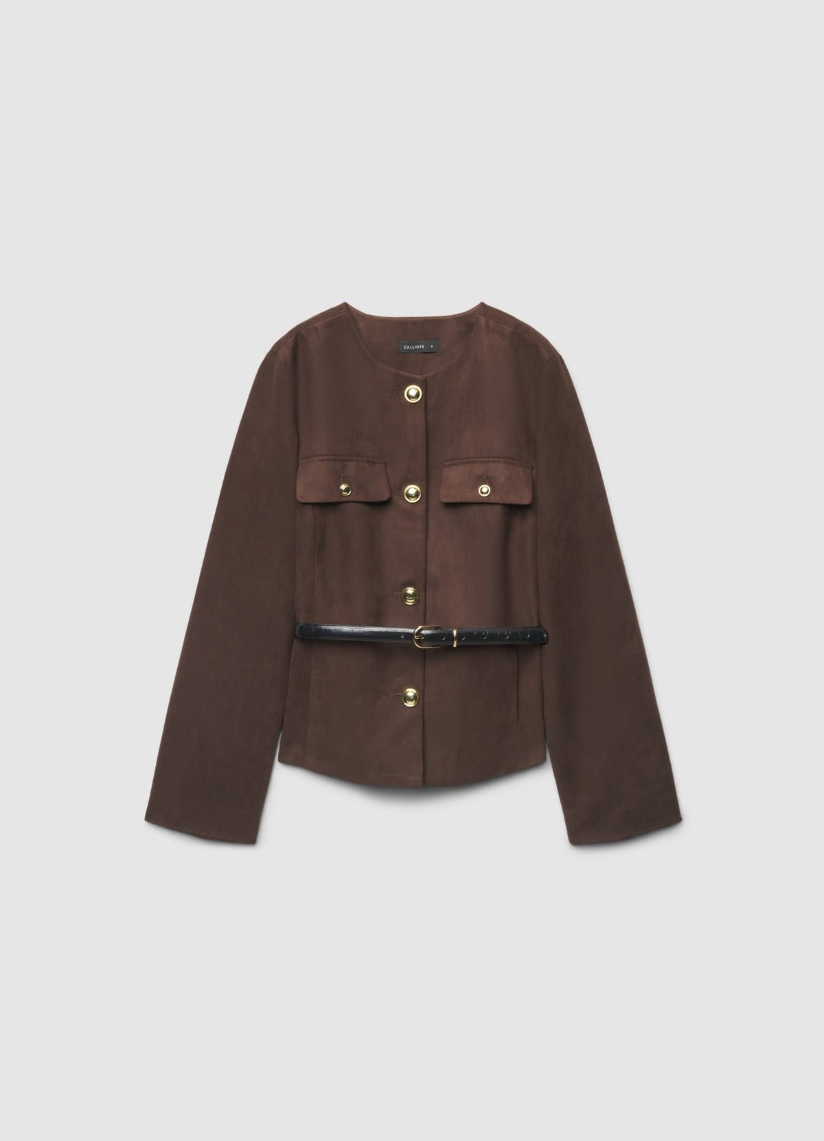 Belted collarless suede-effect jacket