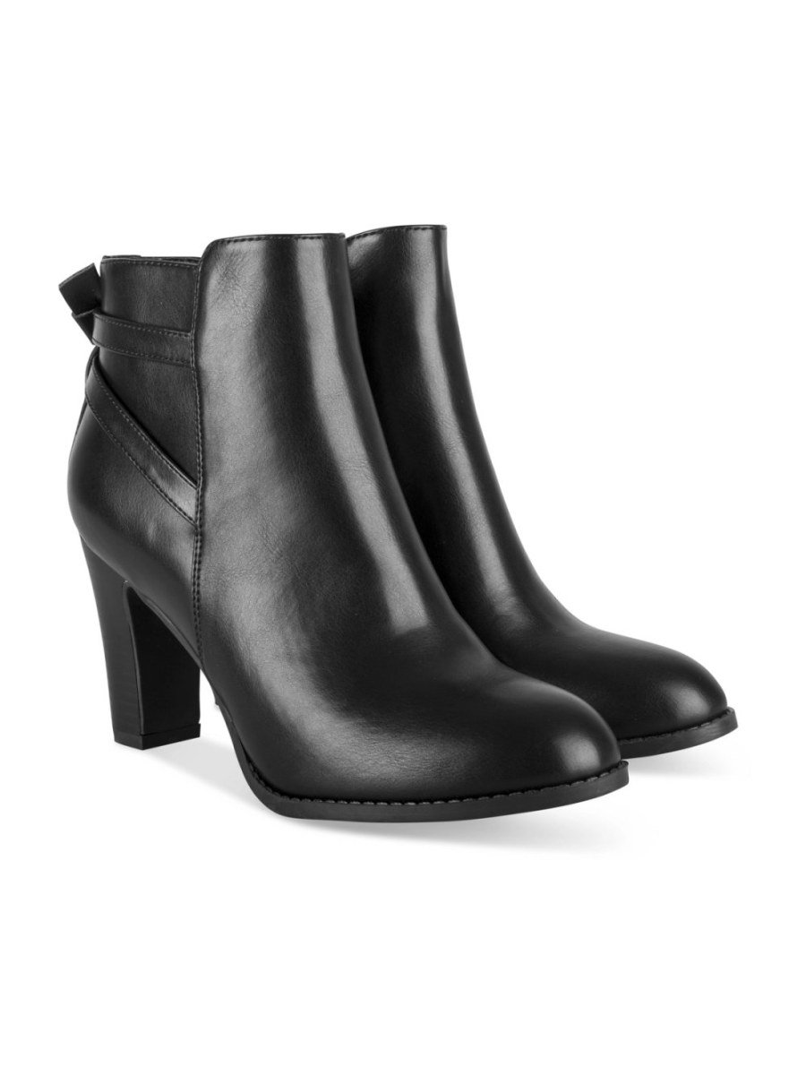 Black block-heel boots with crossed straps