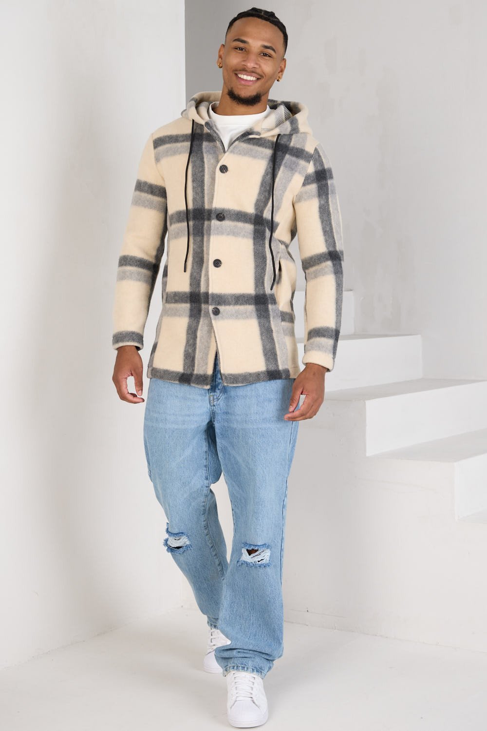 Ecru fleece jacket with grey stripes