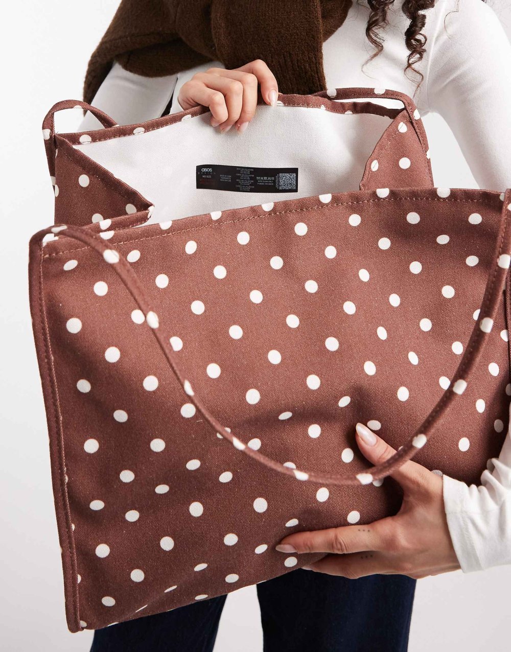 Sac cabas en toile marron à pois