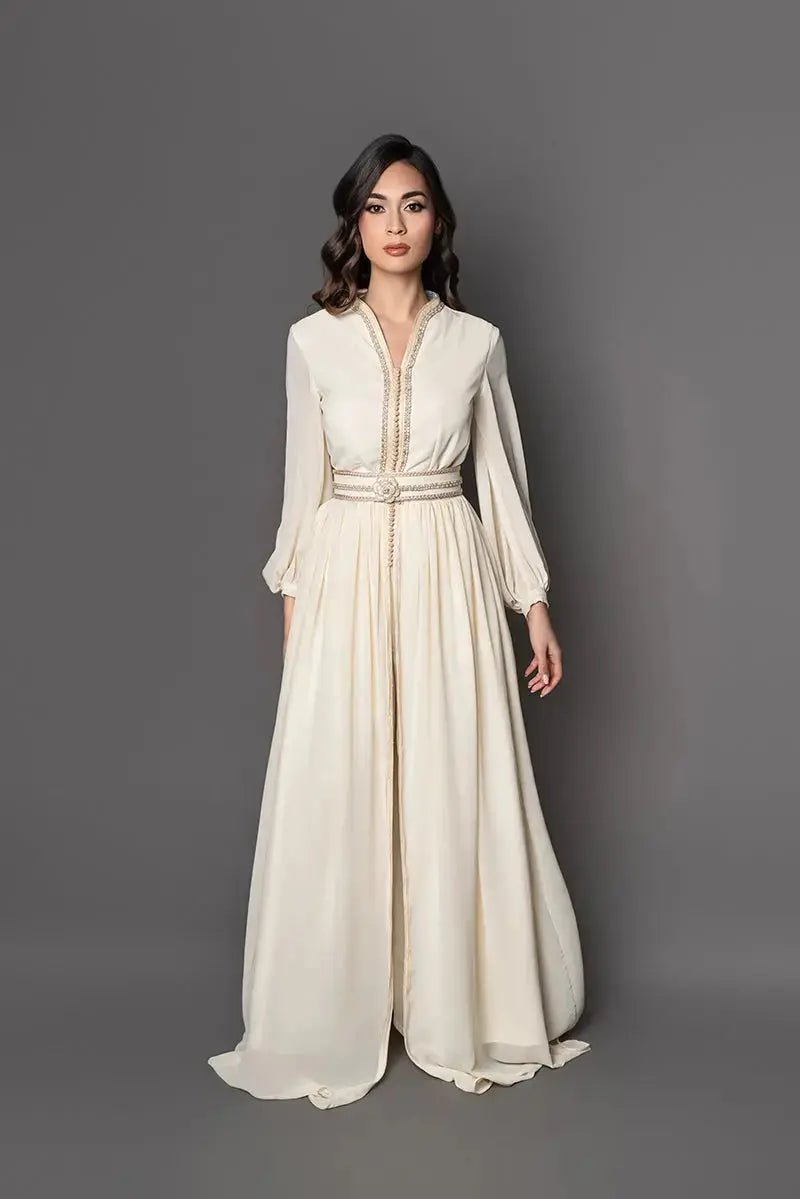 Ivory chiffon caftan with satin trousers
