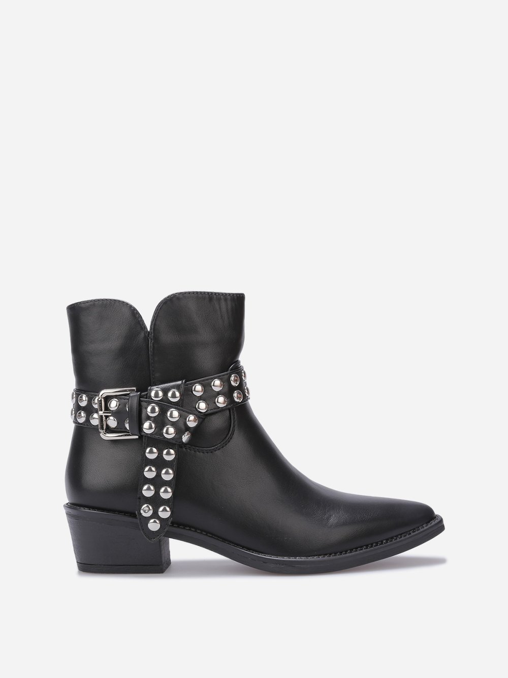 Black studded strap cowboy ankle boots