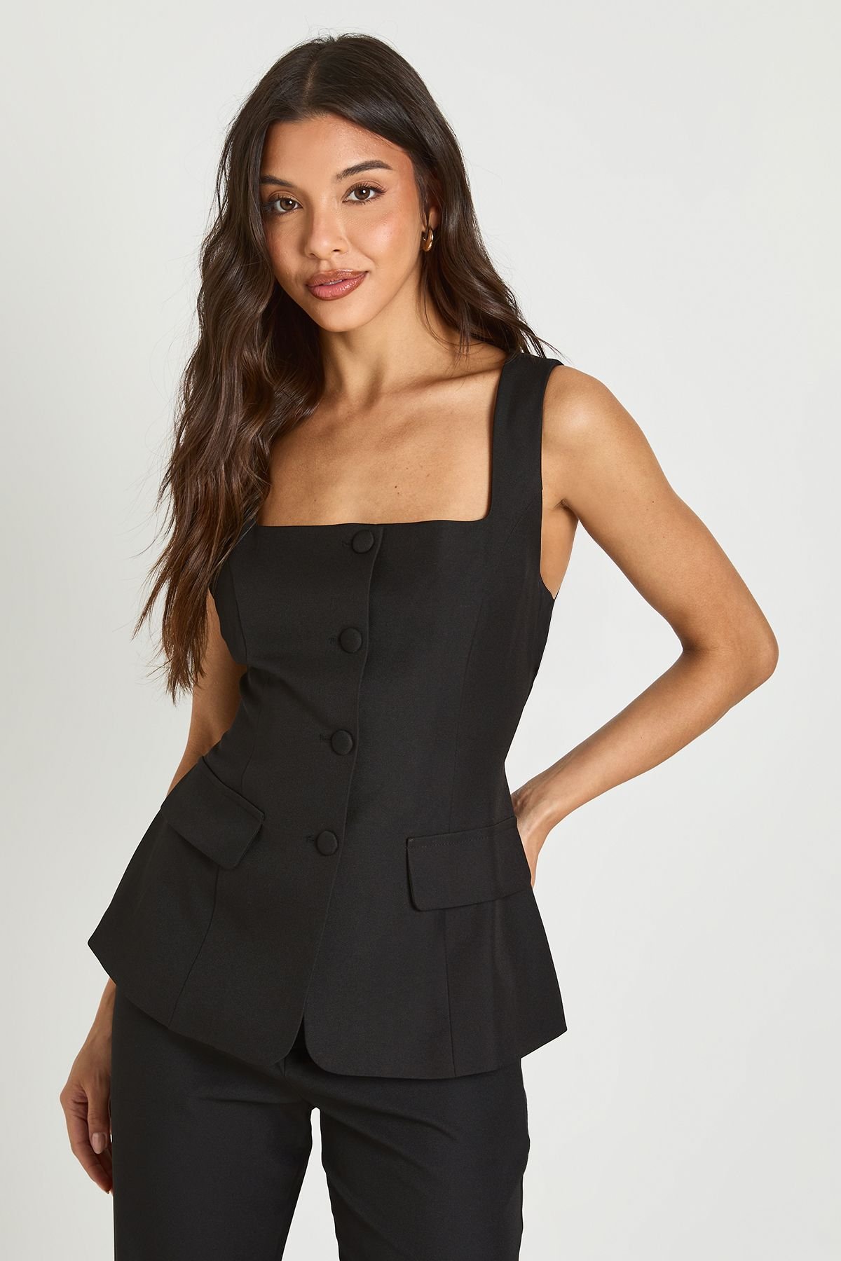 Longline square neck tailored waistcoat