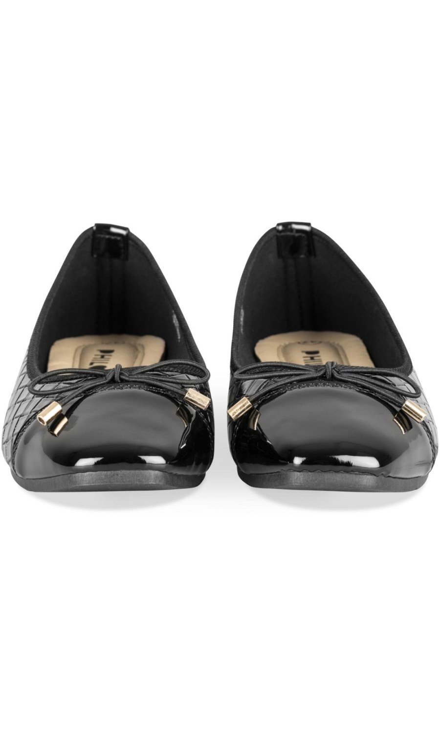 Black patent-look woven-texture ballerinas