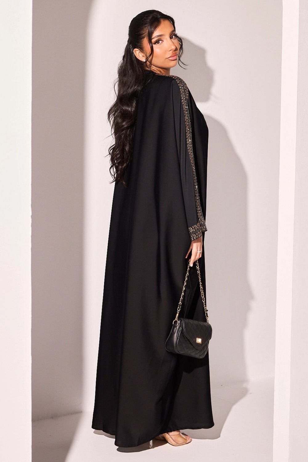 Abaya à strass feuilles et bandes noire