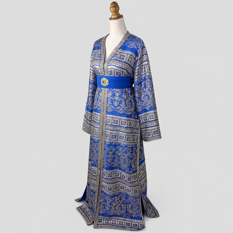 Blue brocade caftan with gold motifs
