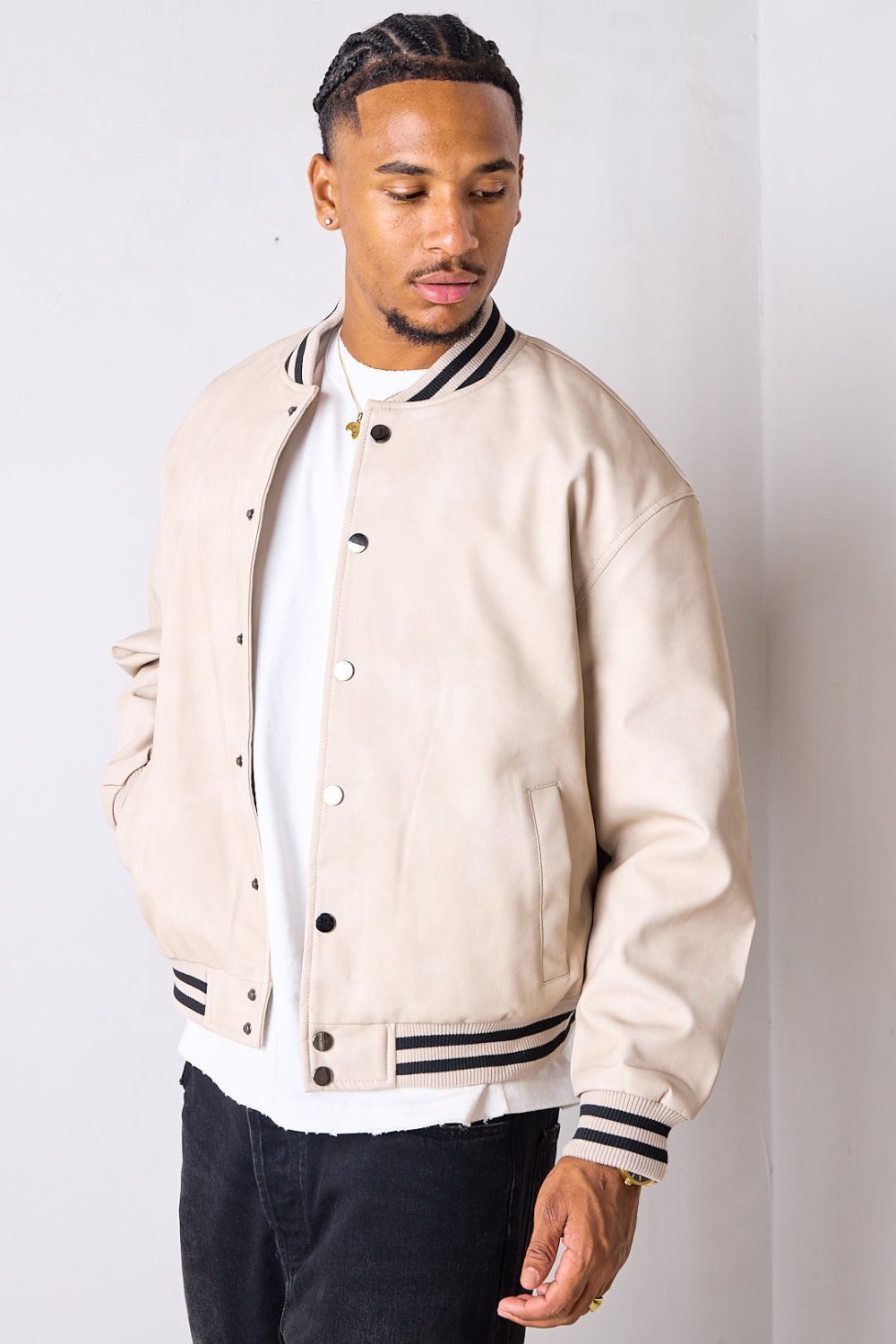 Bomber en simili cuir à col rond beige