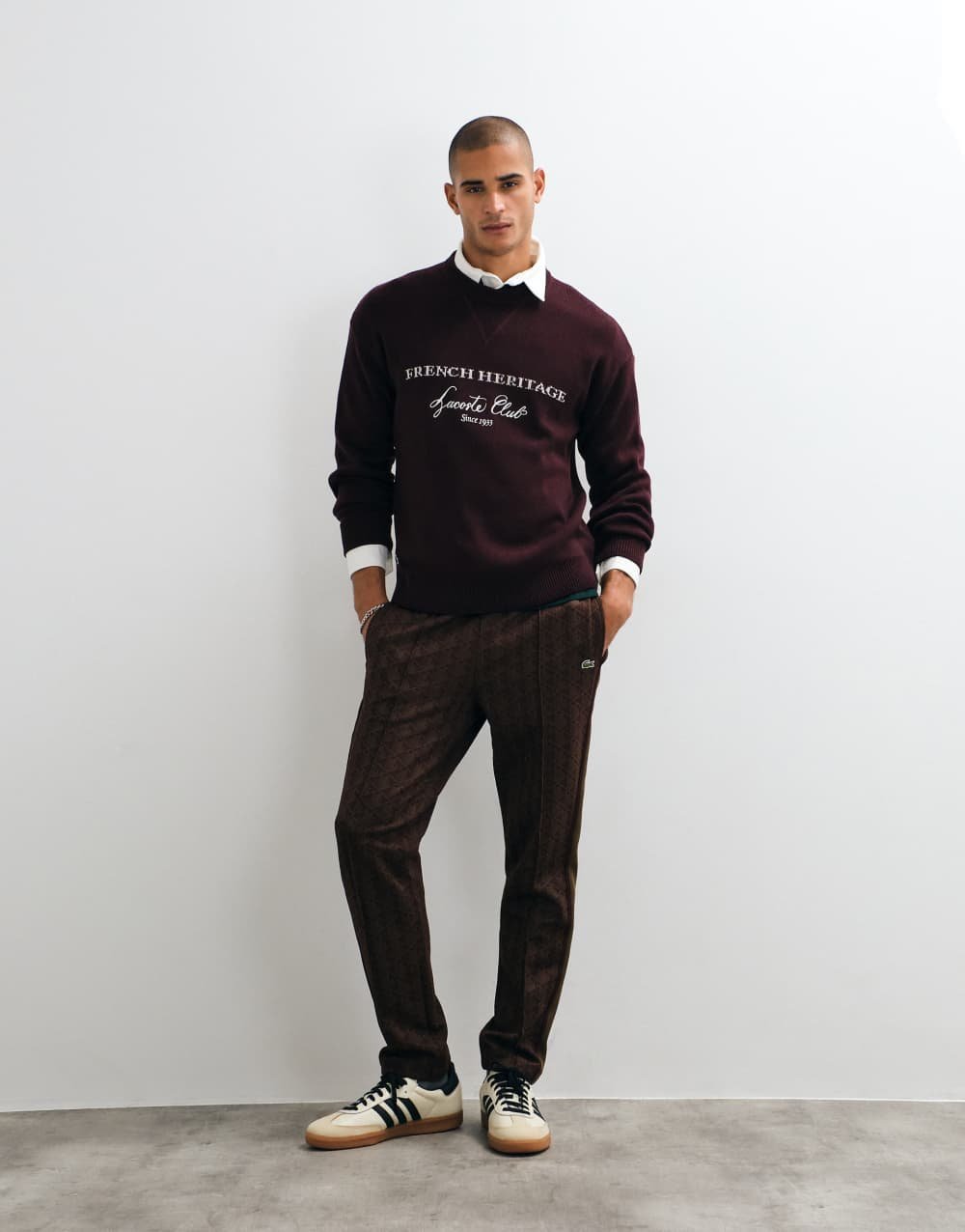 Wool blend jacquard jumper in burgundy