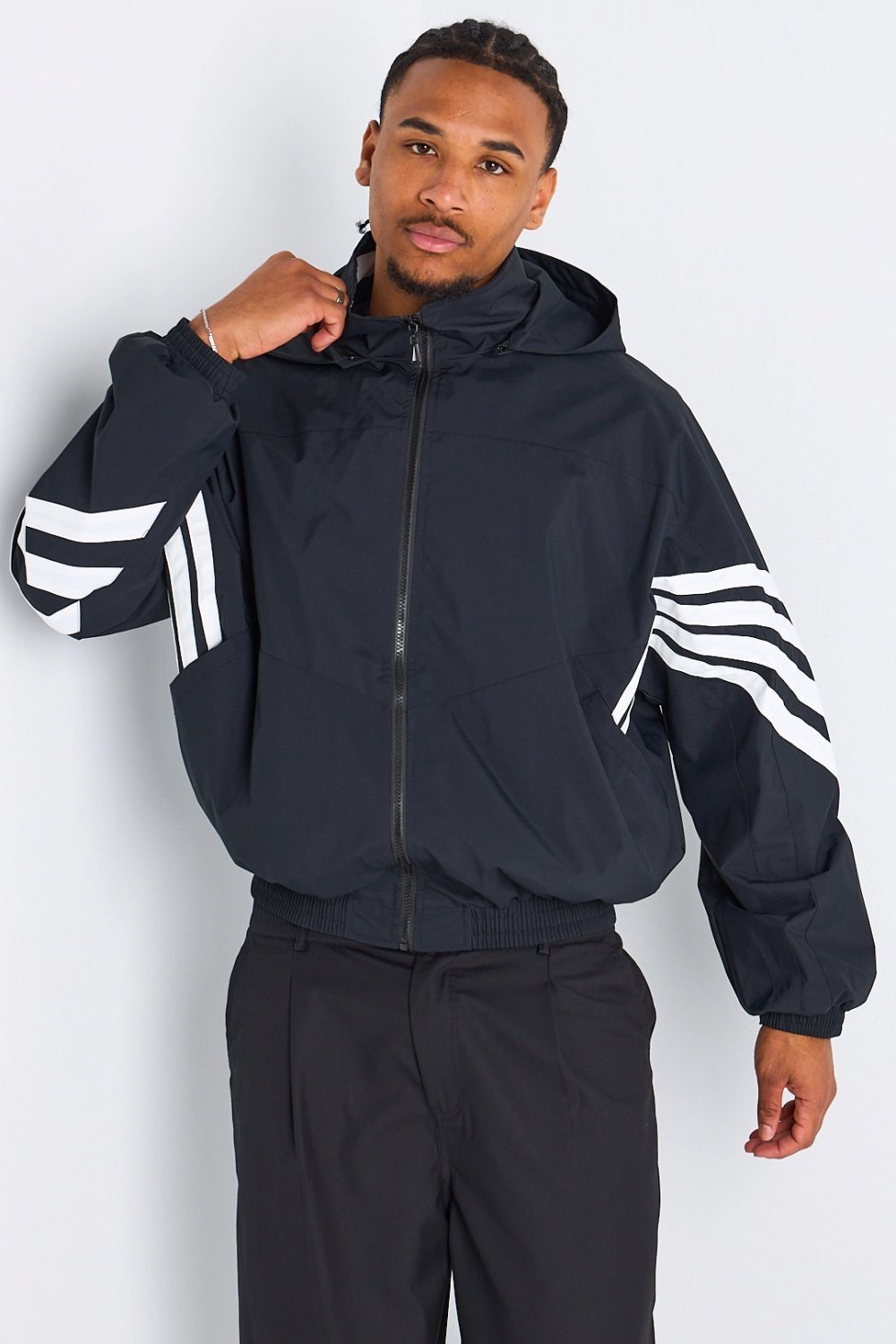 Black sporty jacket with detachable hood