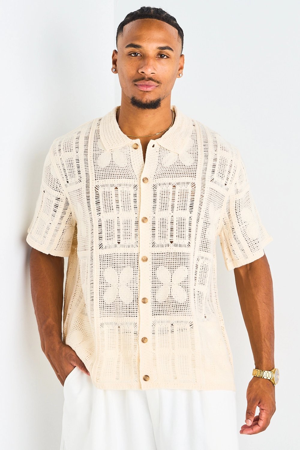 Chemise en maille ajourée beige