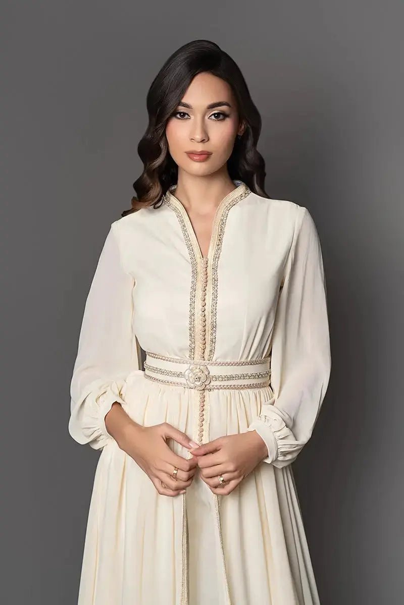 Ivory chiffon caftan with satin trousers