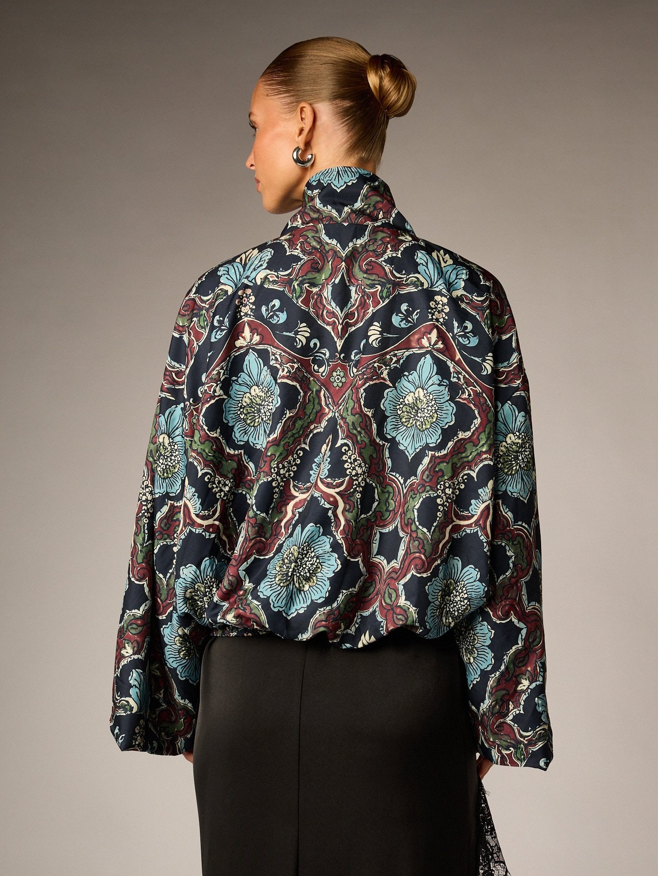 Oversized satin bomber jacket with floral print