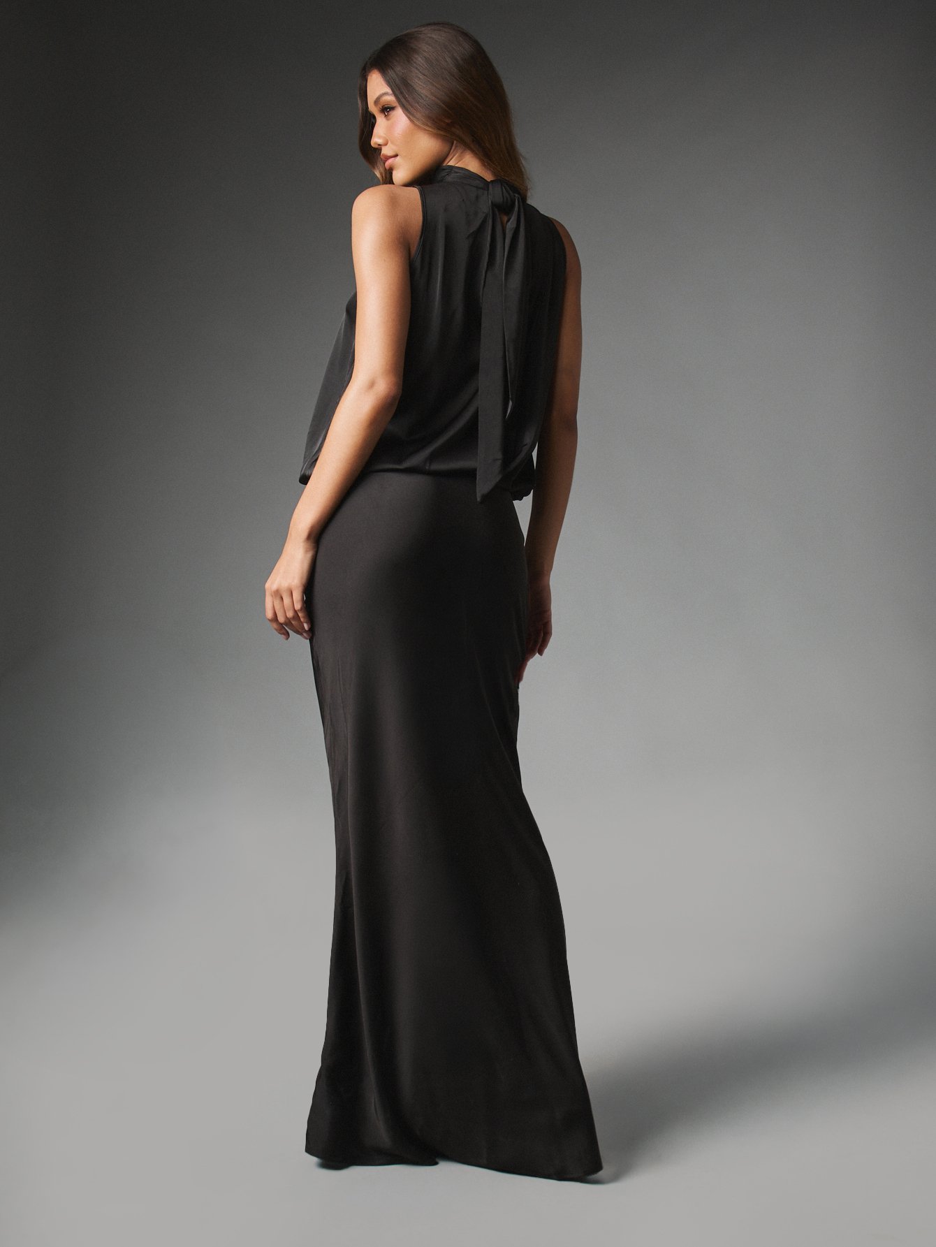 Satin high neck maxi dress with tie back