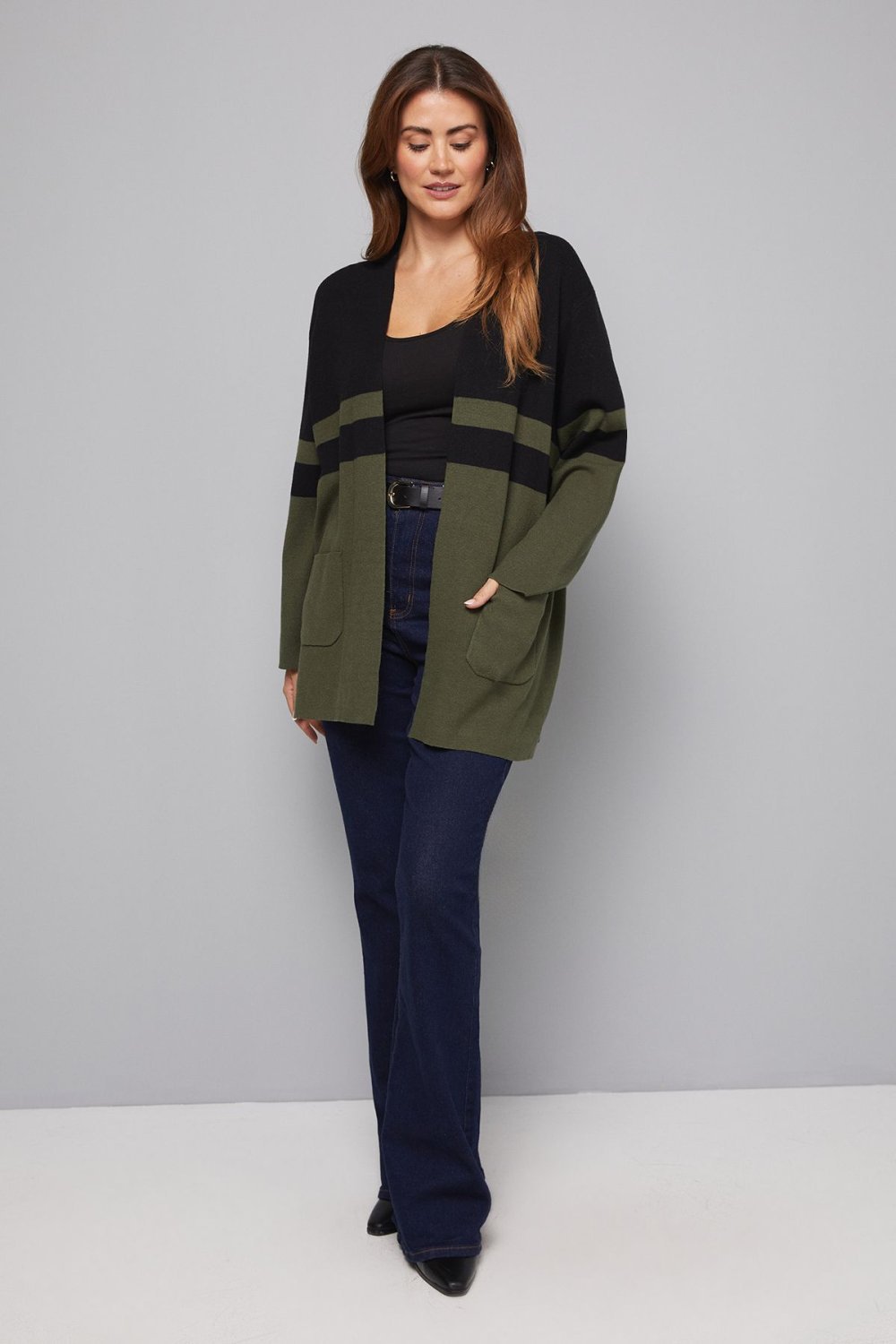 Long open colour-block cardigan