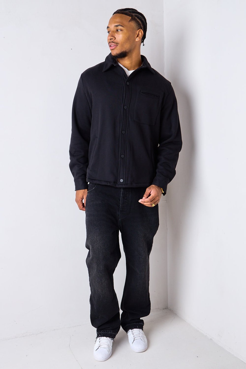 Black fleece-lined overshirt jacket