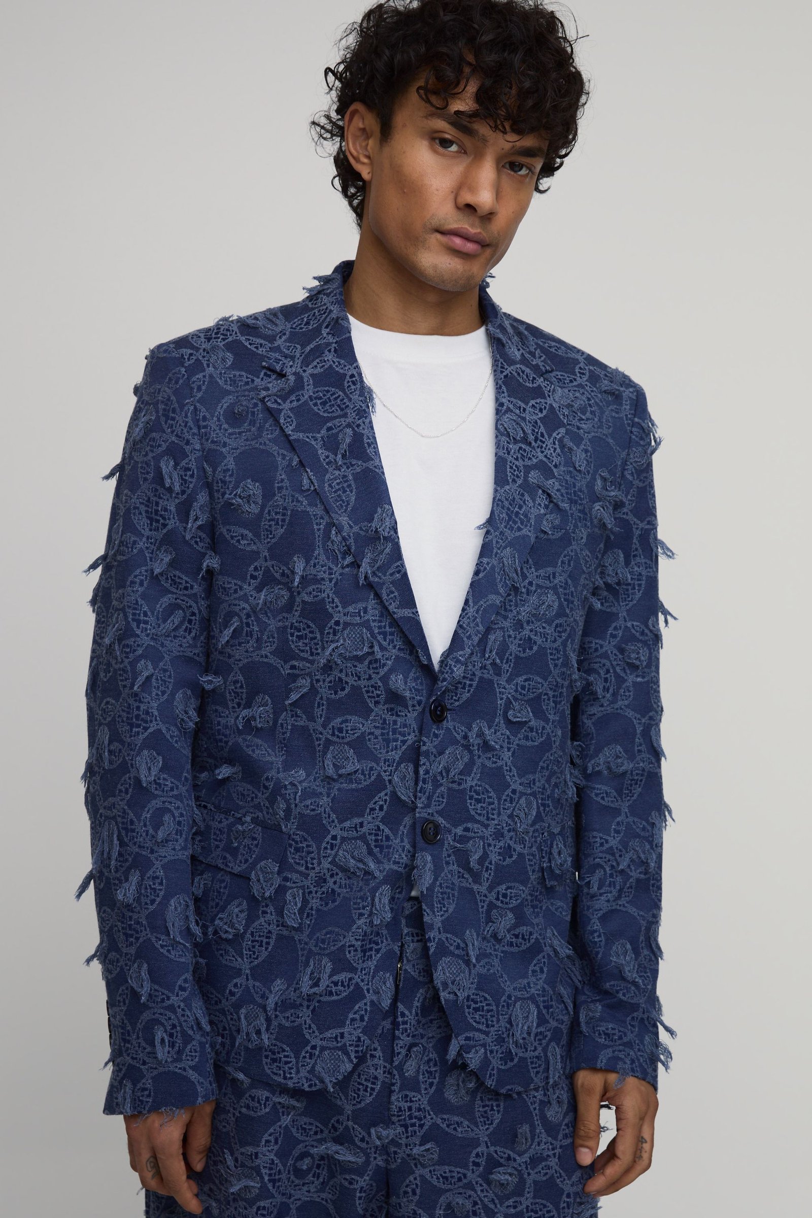 Textured Denim Look Relaxed Fit Blazer