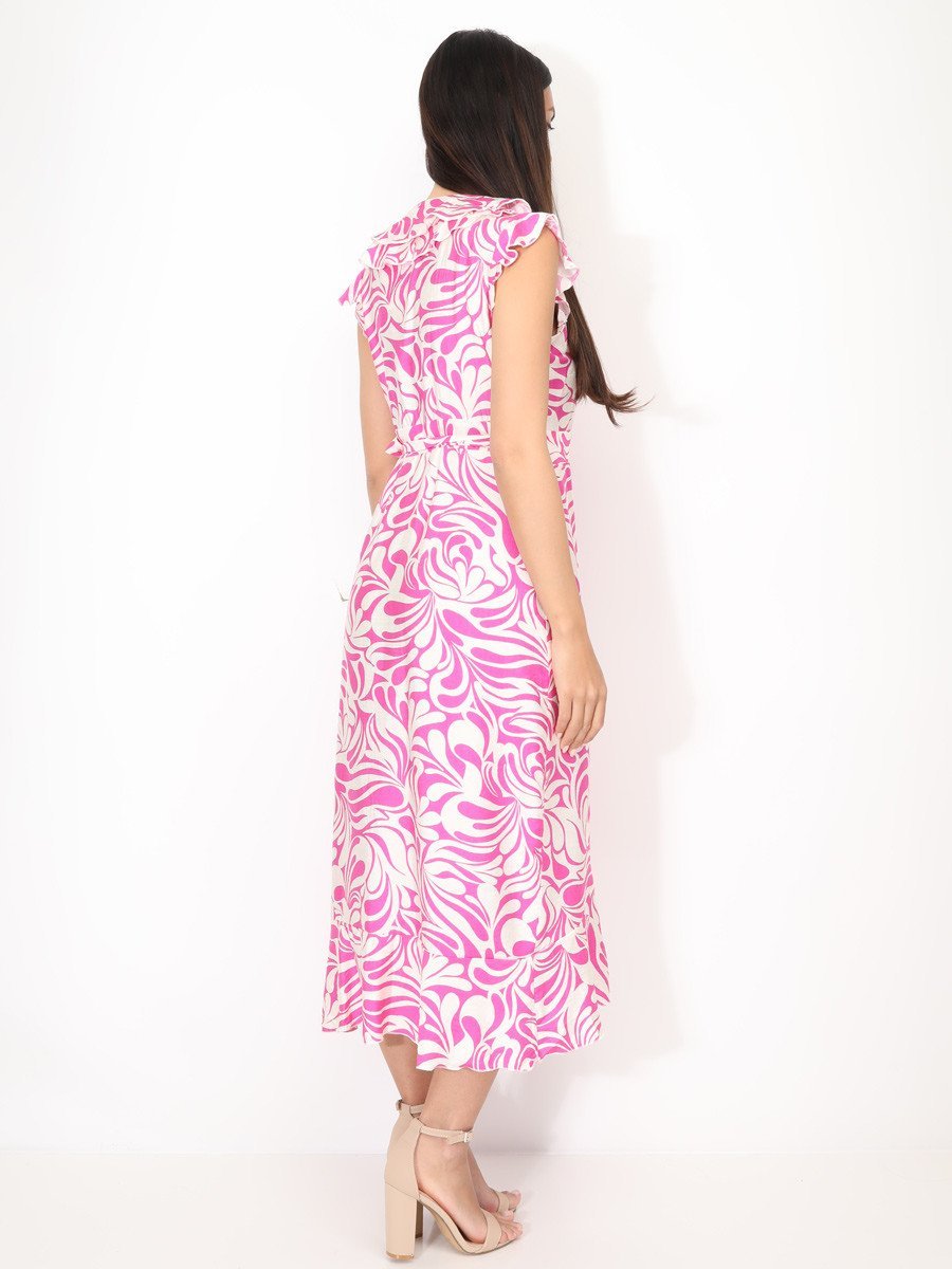 Robe portefeuille à volants imprimé abstrait fuchsia