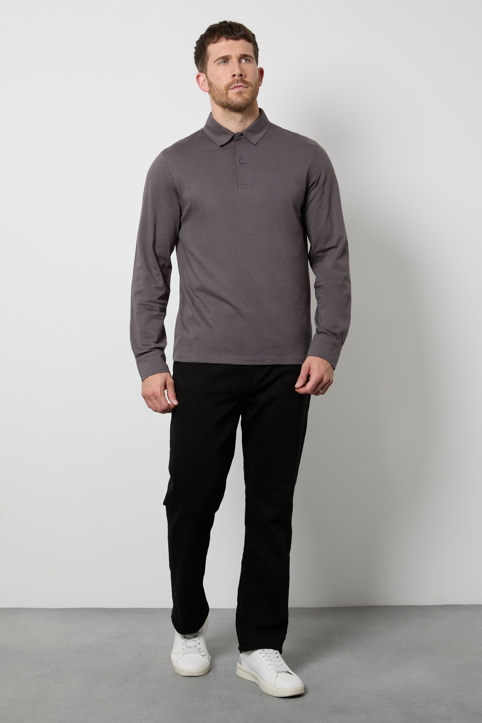 Steel grey long sleeve smart polo