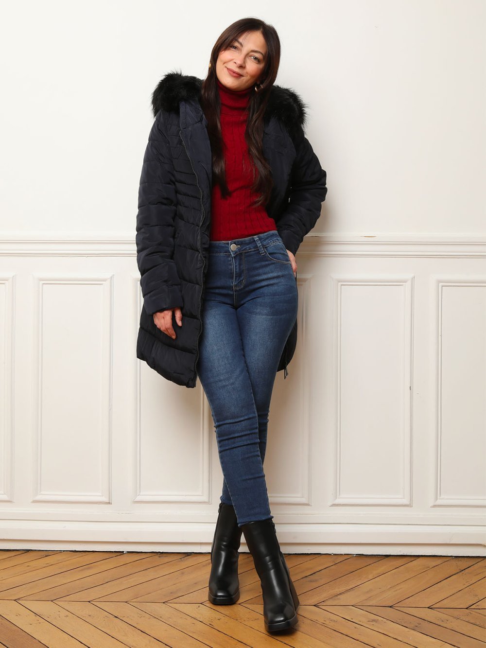 Doudoune mi-longue b capuche bleu marine