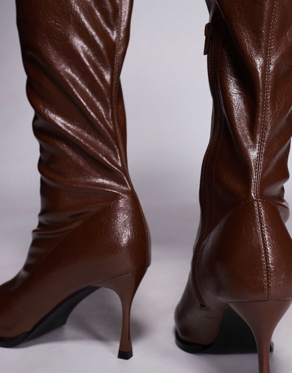 Knee high patent square toe boots in brown