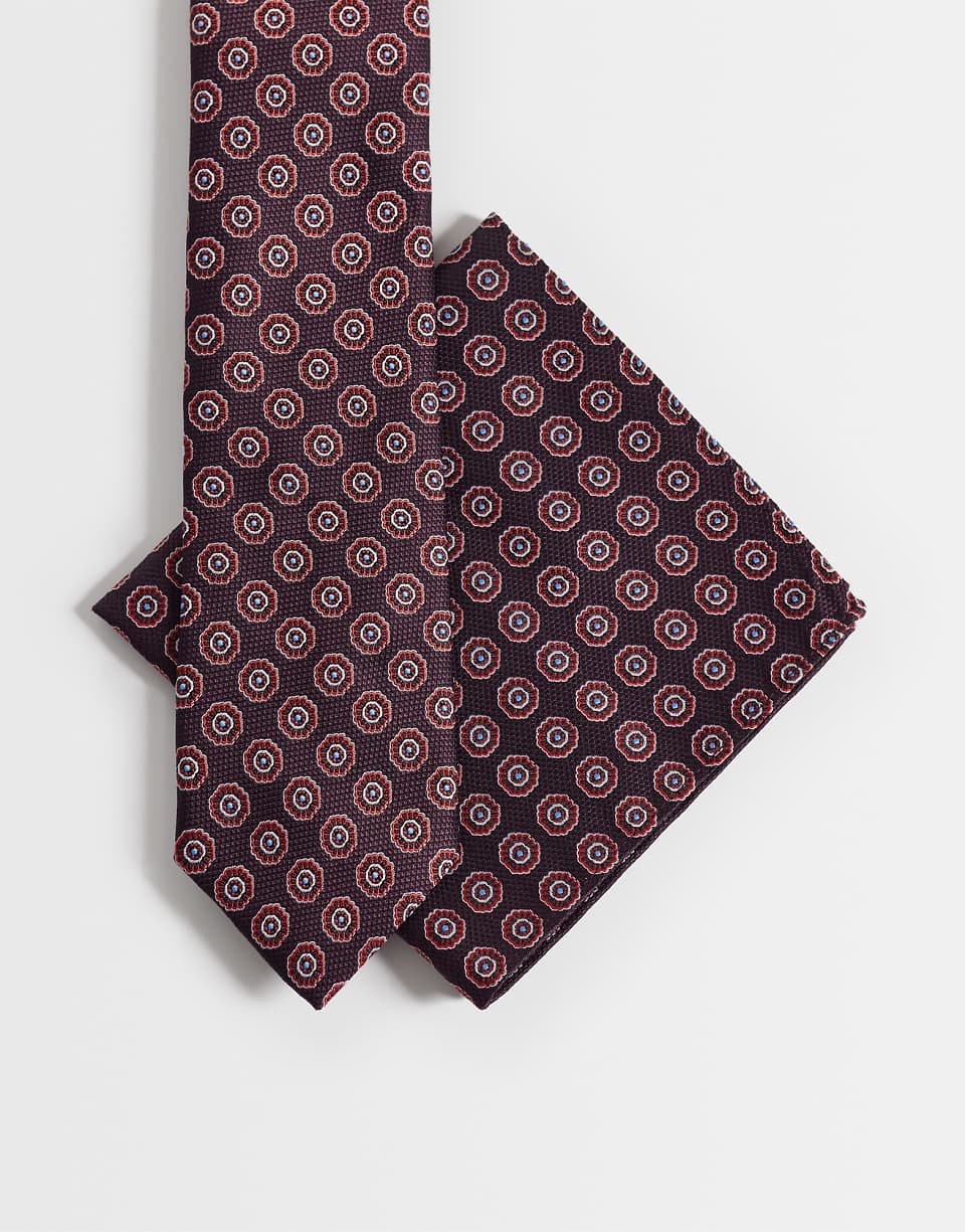 Cravate et pochette à imprimé géométrique vintage - Bordeaux