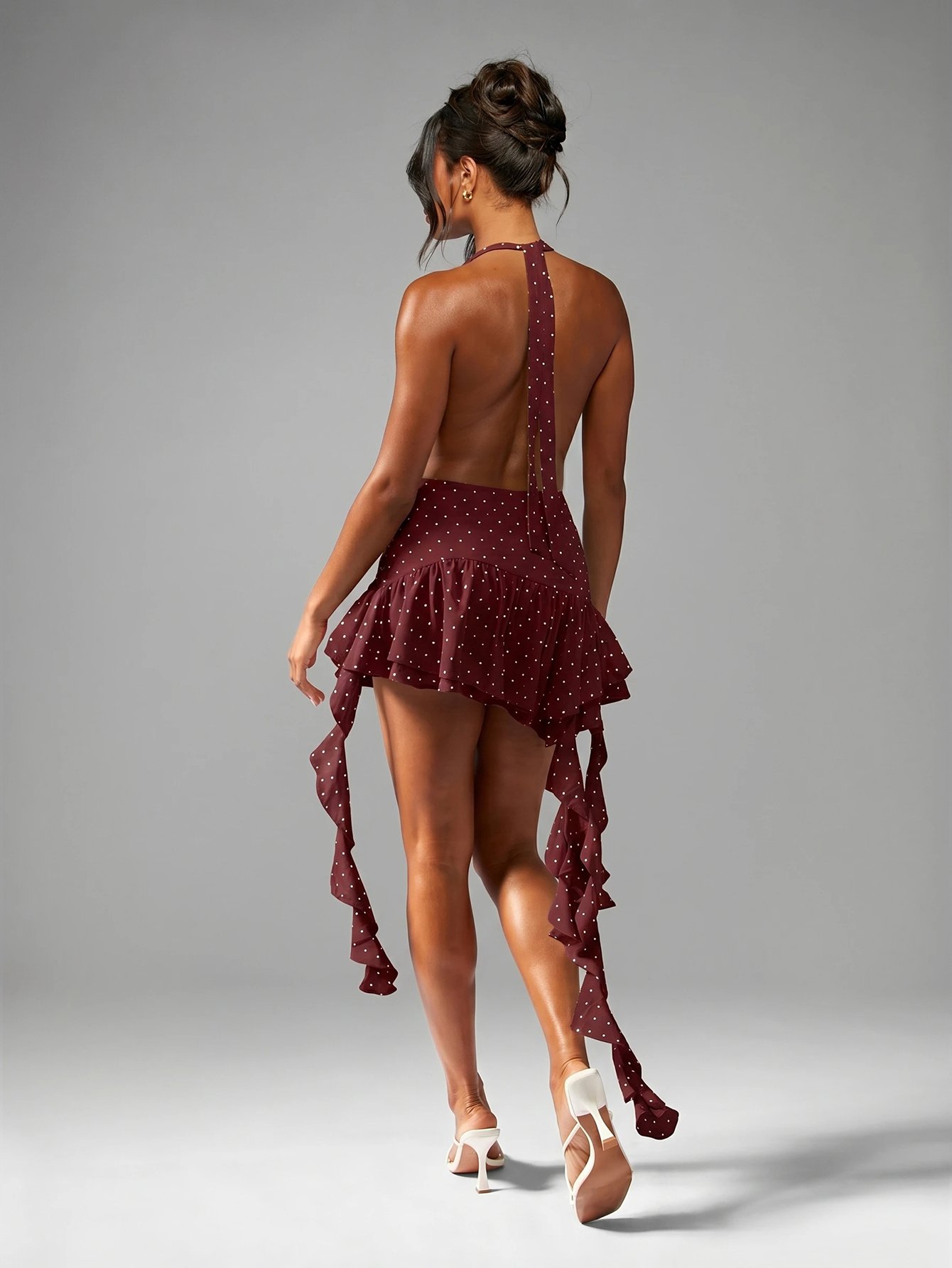 Polka dot backless mini dress with ruffle hem