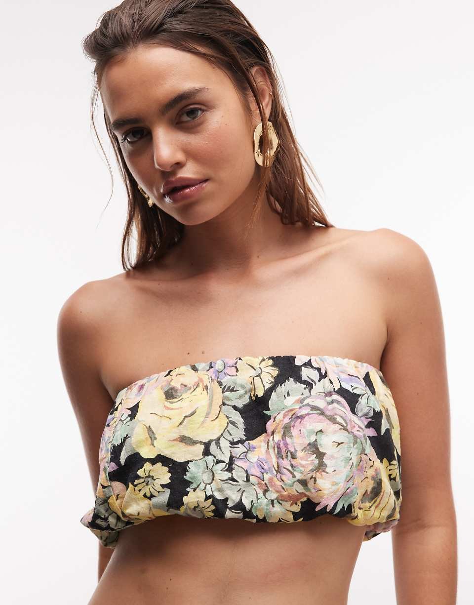 Top d'ensemble bouffant en lin mélangé à imprimé fleuri - Noir