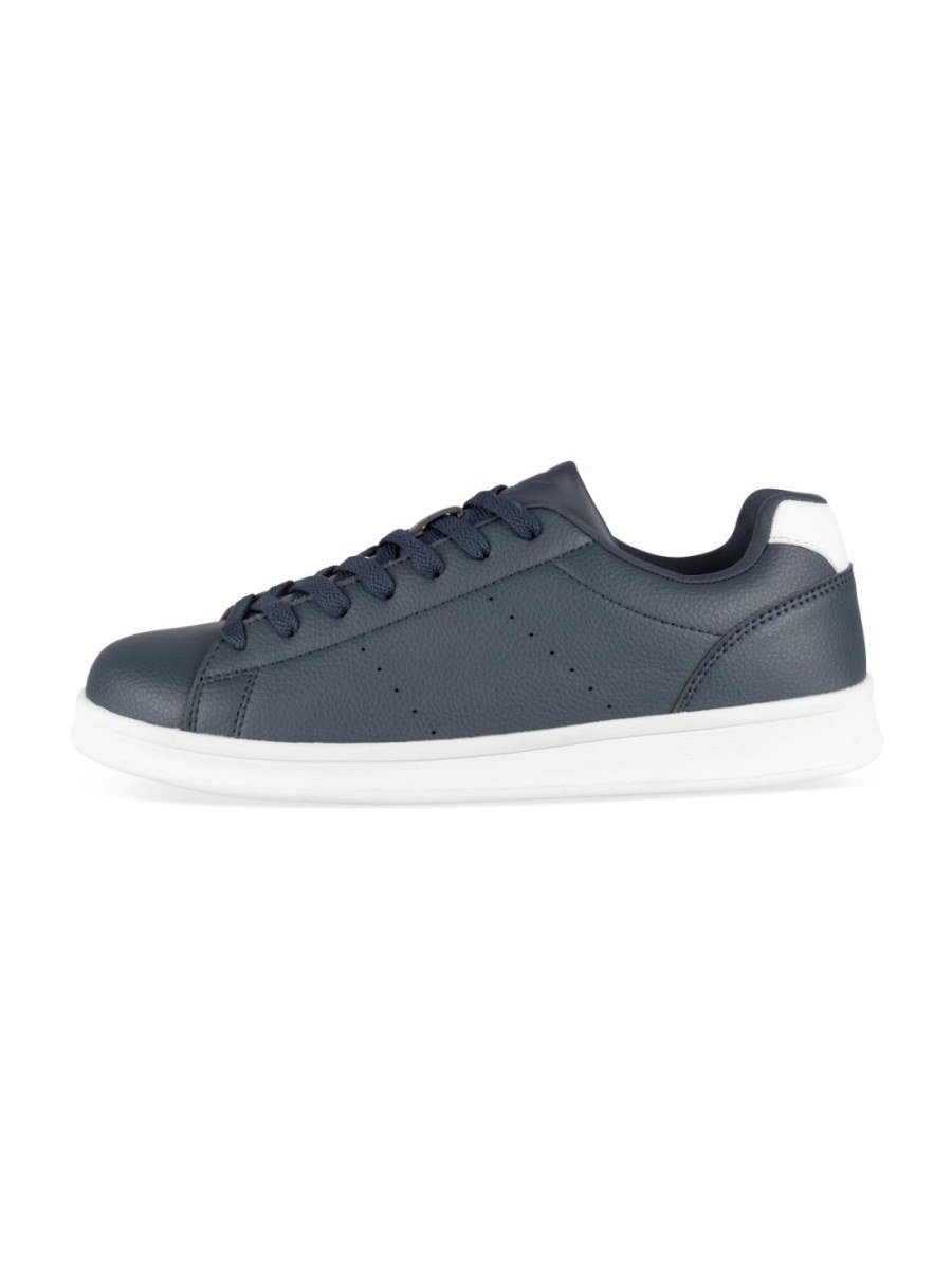 Navy perforated trainers, white heel tab