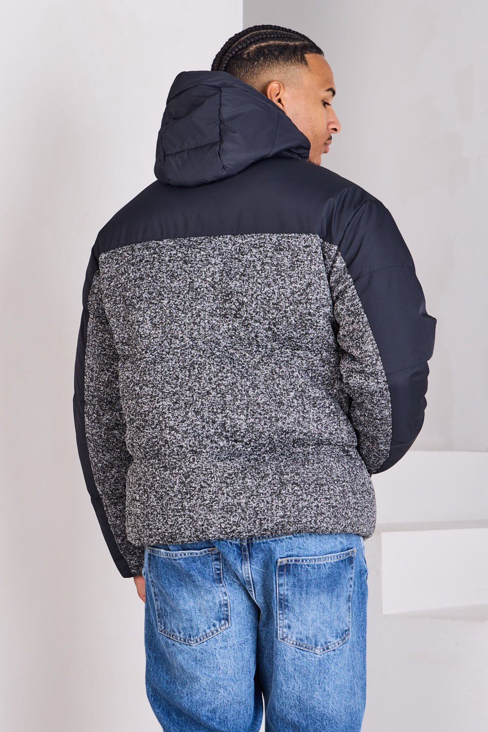 Black hooded puffer with marl panel