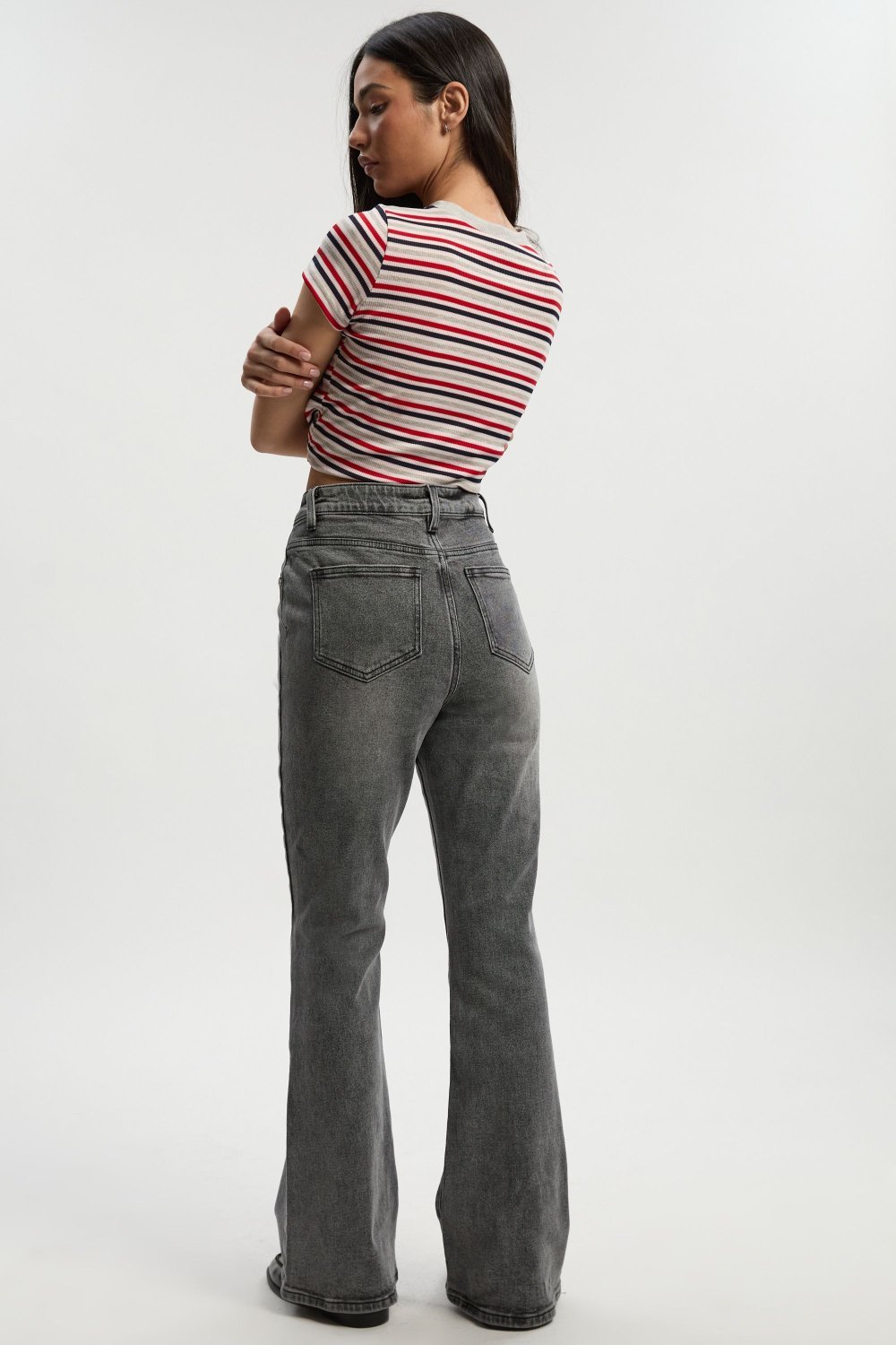 Grey high-waisted flared jeans